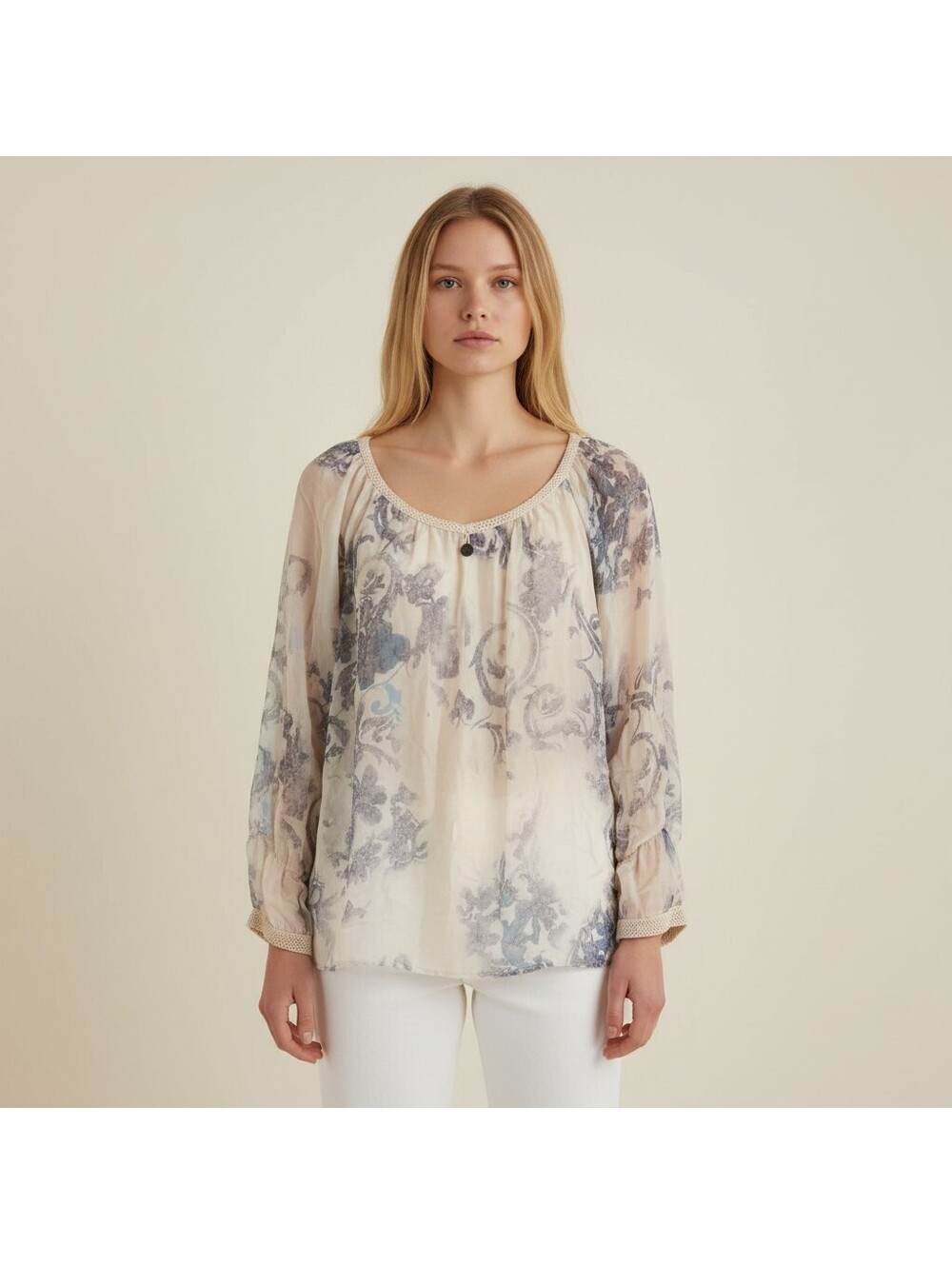 Tempo Paris Blouse Women S Small Beige Geometric Long Sleeve Round Neck Casual